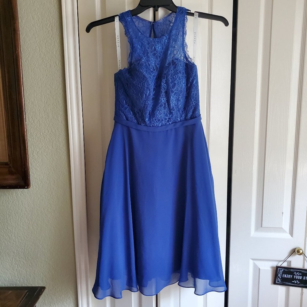 Deep Blue Lace Top Formal Mid Calf Dress with pockets